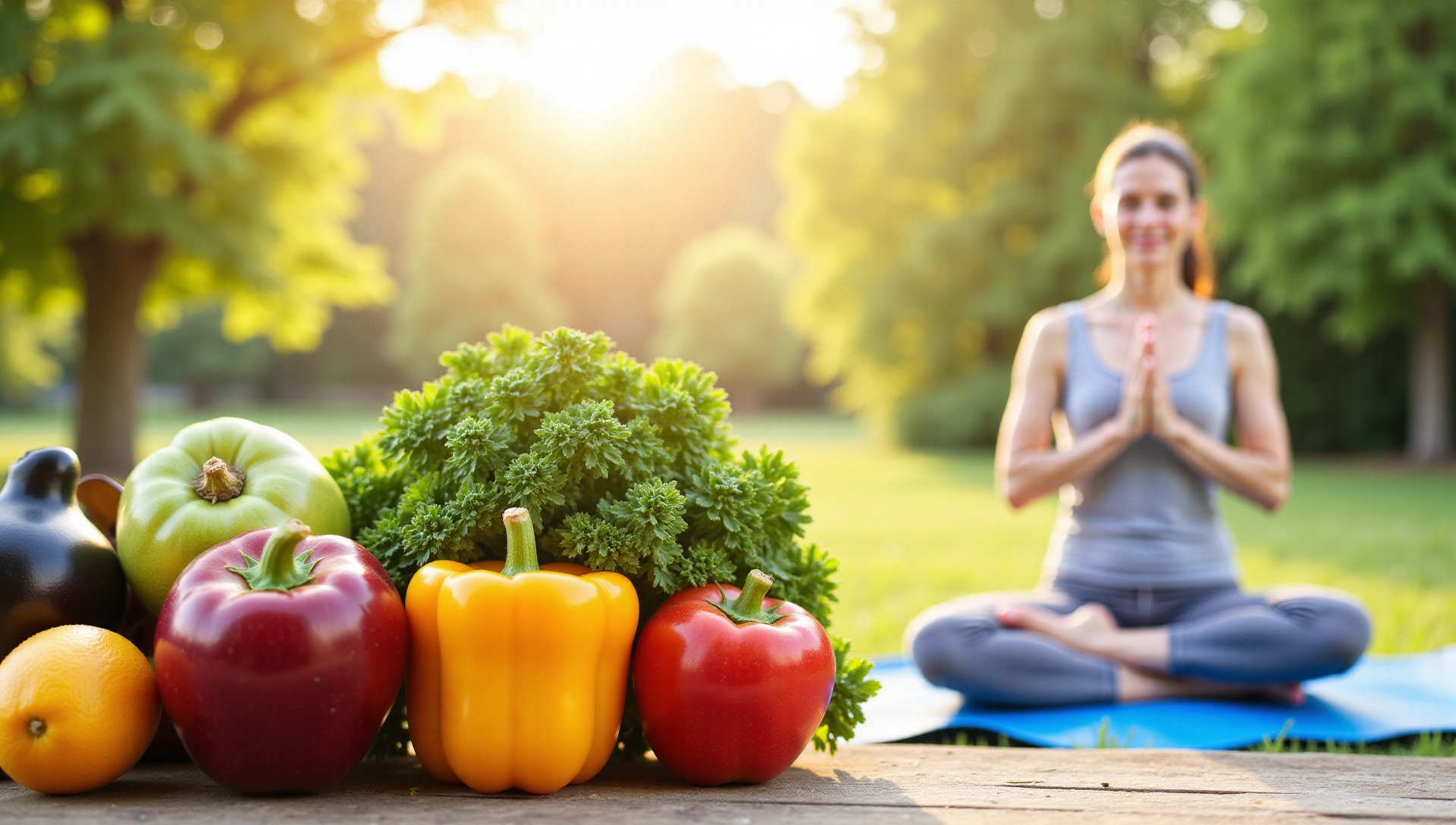 Frutta e verdura fresca, con una persona che medita sullo sfondo per rappresentare uno stile di vita sano.