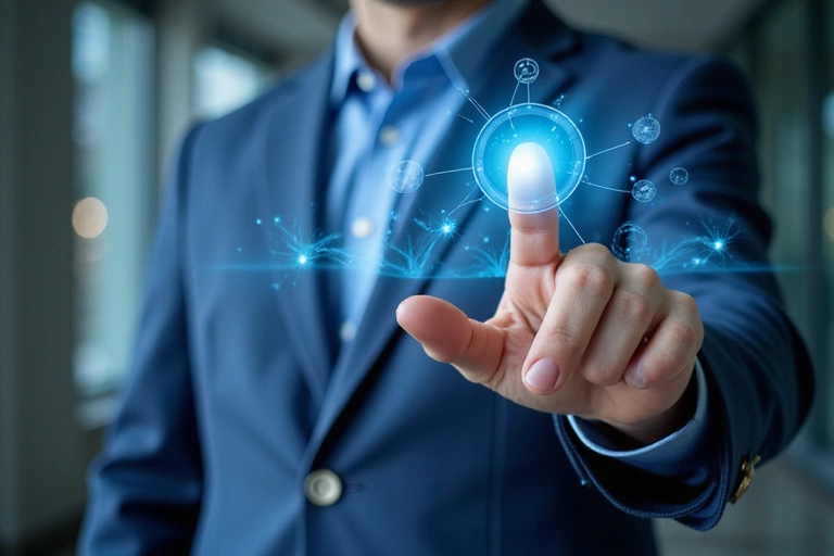 Mano che indica un collegamento ipertestuale su uno schermo, che simboleggia i link di terze parti.